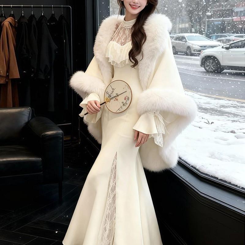 Womens Lace Dress Set Faux Fur Cape Blazer Slim Fit Elegant 2-Piece Outfit