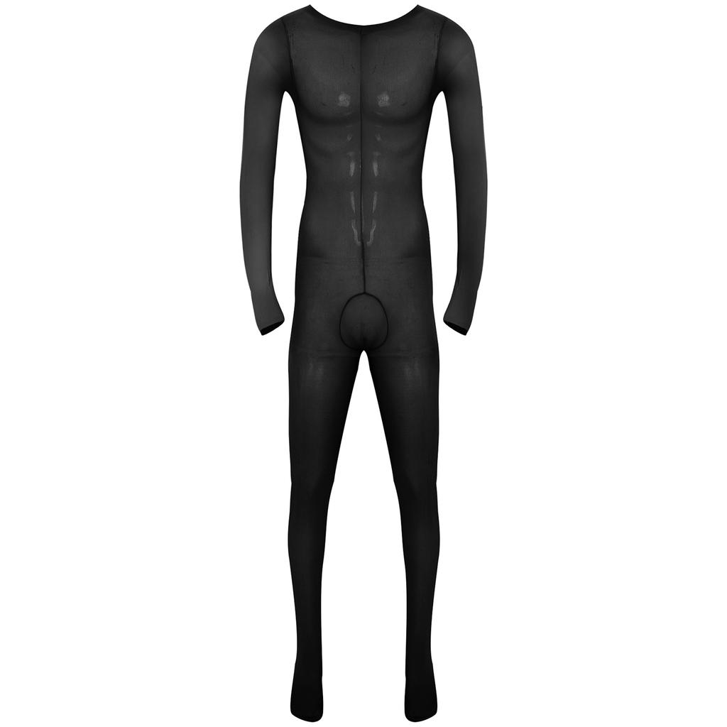 Mens Solid Color Bodystocking Long Sleeve Stretchy Bodysuit with Bulge Pouch Nightwear Underwear