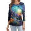 Women Halloween Pumpkin Print 3/4 Sleeve Shirt Round Neck Loose Fit Casual T-Shirt Top for Fall Seasonal Wear