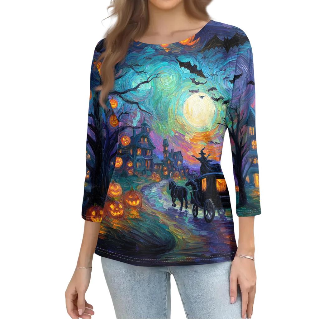 Women Halloween Pumpkin Print 3/4 Sleeve Shirt Round Neck Loose Fit Casual T-Shirt Top for Fall Seasonal Wear