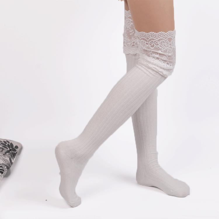 Japanese-Style Lace Trim Thigh-High Knit Cotton Socks for Women - Autumn/Winter Slouch Design