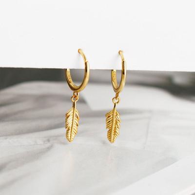 Orecchini a cerchio con ciondoli a foglia in argento sterling 925, semplici, vintage, da donna, dorati, gioielli fatti a mano