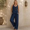 Yousheng Sleeveless 2 Piece Sets for Women, Buttons Crew Neck Tank Top And Wide Legs Pants Matching Sets, Summer Loose Lounge Outfits