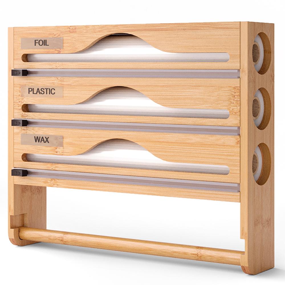 Bamboo Cling Film Tin Foil Compartment Cutter Box Kitchen Organizer Accessories Integrated Kitchen Paper Towel Holder