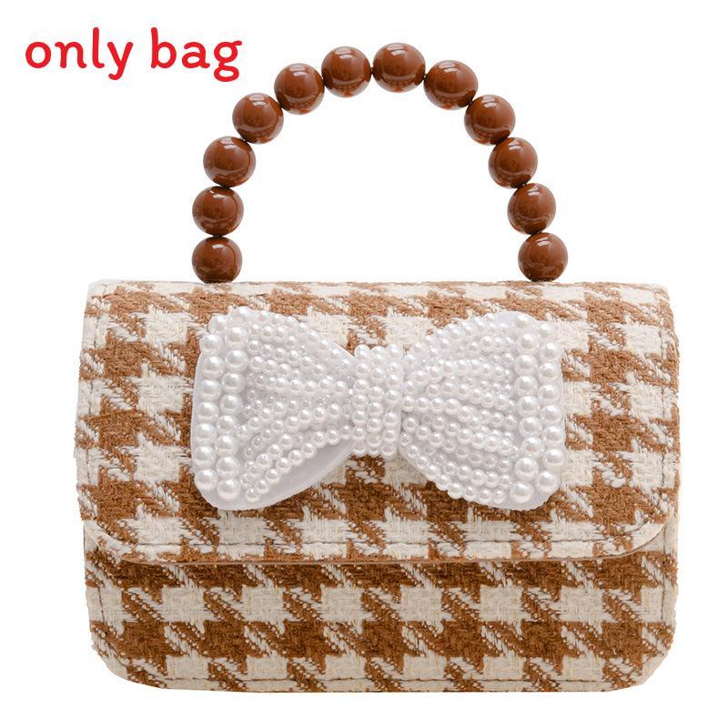 Fashion Simulation Pearl Bow Design Whoundstooth Pattern Children Shoulder Bag For Daily Use
