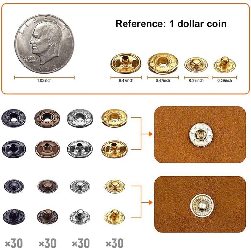 ABGR-Snap Fasteners Kit 120 Set 12Mm 4-Color Metal Press Push Studs With Installation Tools For Leather, Jackets, Jeans& DIY Pro