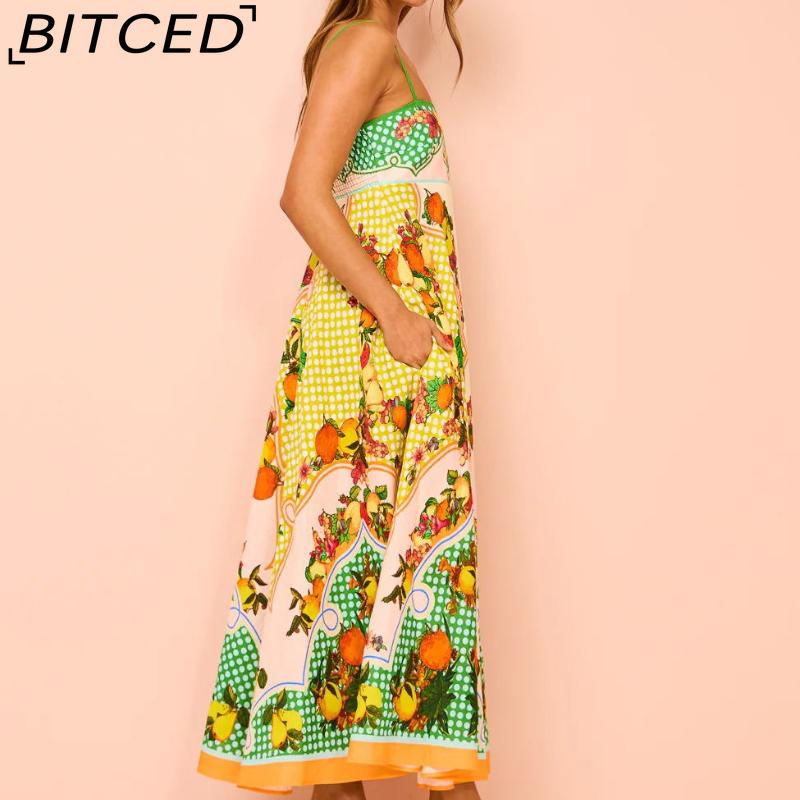 BITCED Spring/Summer Casual Maxi Dress for Women Spaghetti Strap Printed Linen 9 Colors Full-Skirted Dress