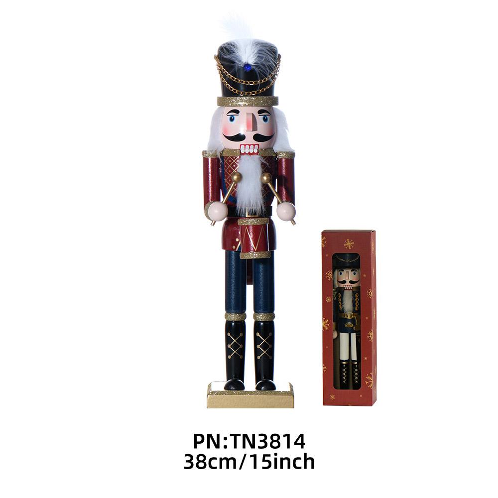 15 Inch Hand-painted Wooden Nutcracker Drummer with White Feather Hat Red Window Gift Box Wooden Nutcracker
