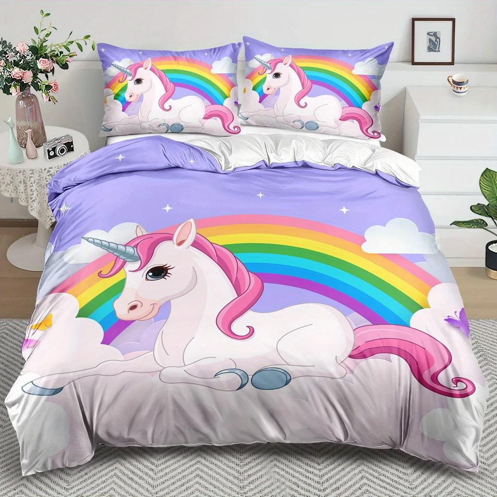 Unicorn Theme Duvet Cover Set - 2/3pcs Soft Comfortable Breathable Rainbow Unicorn Print Bedding Set Fantasy Animal Print