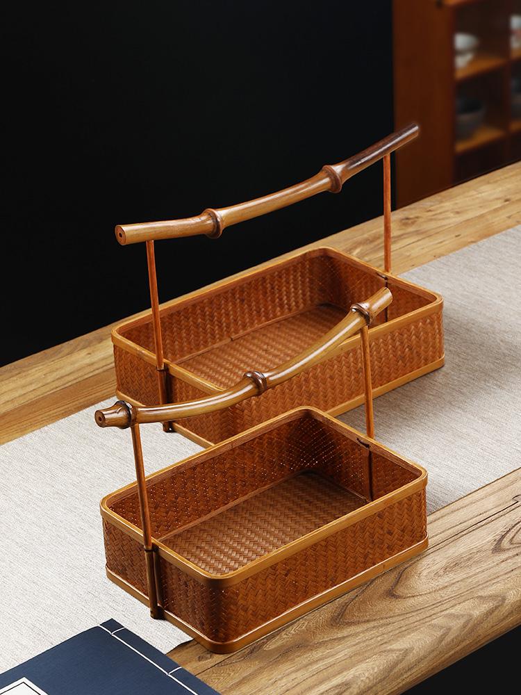 Handmade Bamboo Lacquered Basket - Chinese Retro Tea Set and Snack Organizer