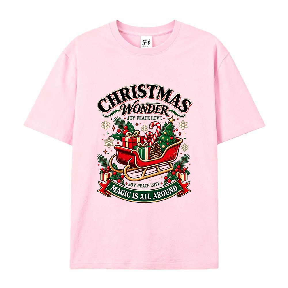 Women's Christmas Wonderland Graphic T Shirt Santa Sleigh Tree Gift Print Casual Short Sleeve Crew Neck Holiday Tee