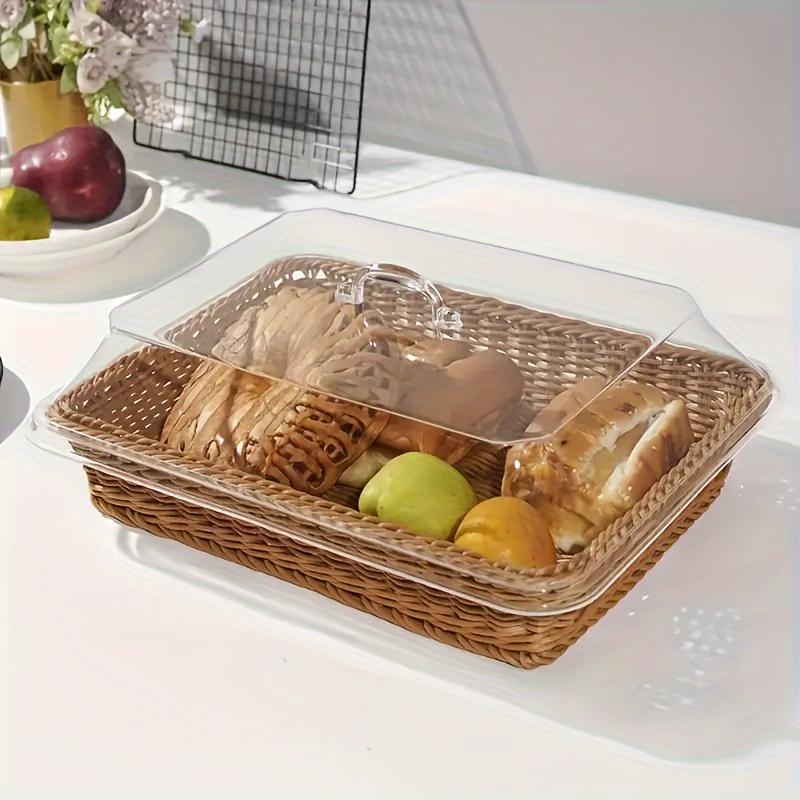 Contemporary Rattan Bread Basket with Acrylic Dome Lid, Multipurpose Wicker Serving Tray, Durable and Washable, for Desserts, Fruits, Picnics