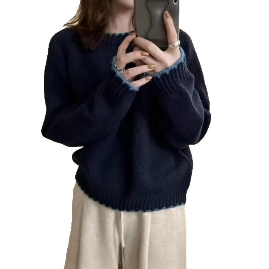 Korean Style Color Block Round Neck Pullover Sweater - Retro Loose Slimming Soft Knitwear Top for Women