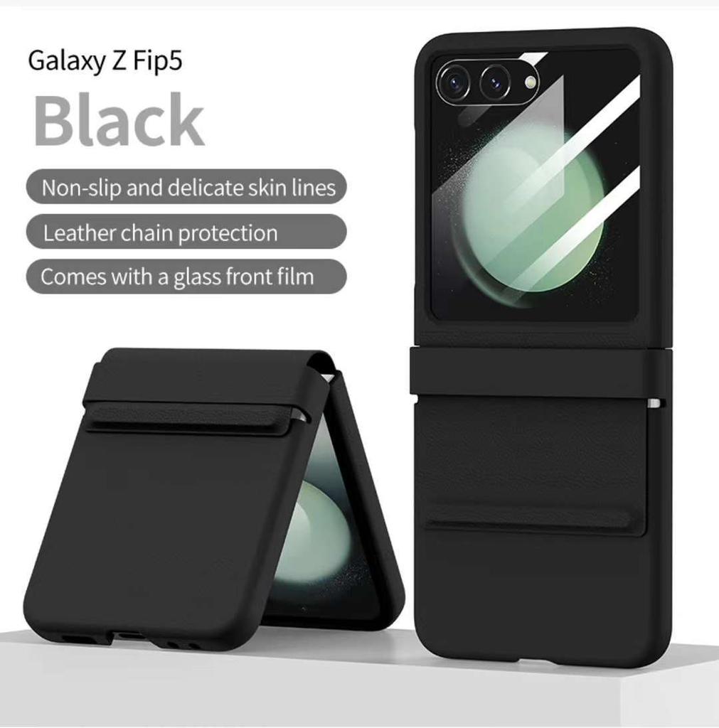 Applicable To Samsung Z Flip5 Mobile Phone Case 5th Generation All-inclusive Official Leather Wristband Case Film Integrated Anti-drop Protective Case