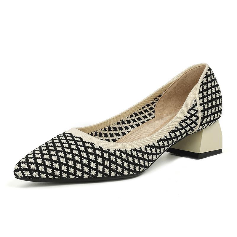 Breathable color matching high-heeled flying-woven women's shoes single shoes medium heel knitted woven pointed thick heel soft sole
