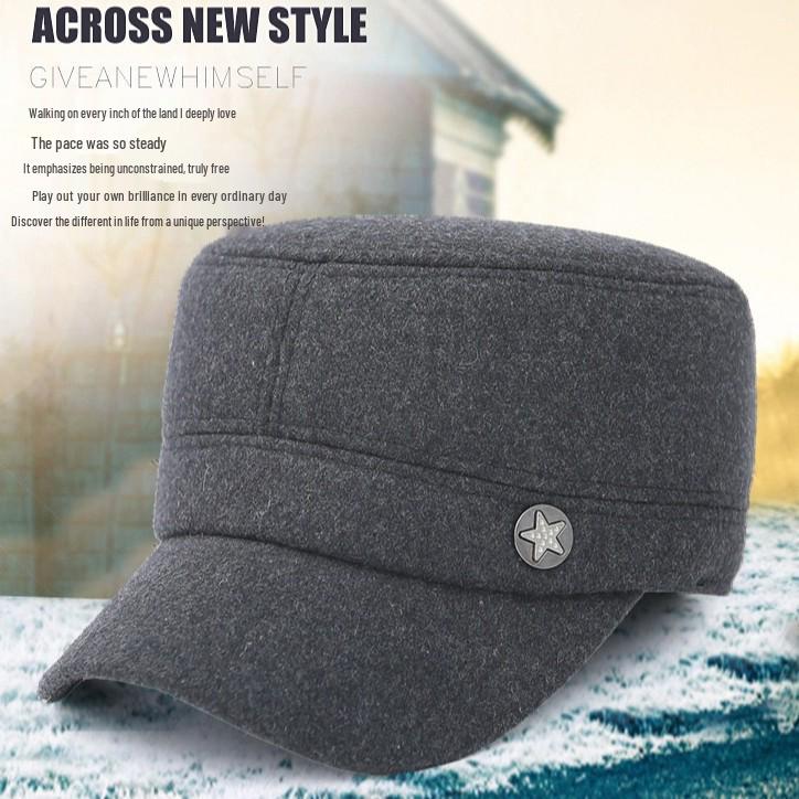 Men's Woolen Flat Top Hat with Ear Protection - Autumn/Winter Windproof Solid Color Baseball Cap