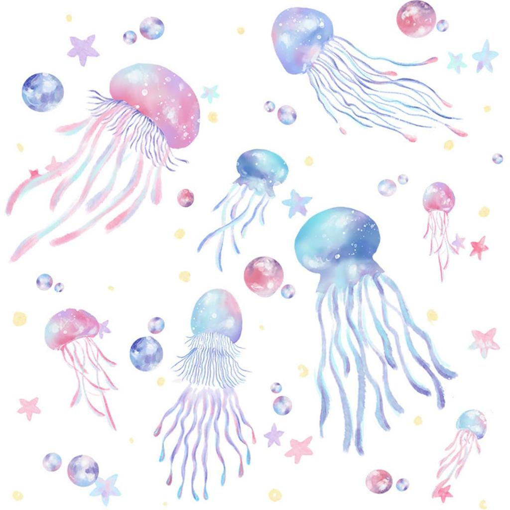Stylish Sea Creatures Jellyfish Wall Stickers with Stars and Sea Water Removable Wall Decals for Study and Wall Bedroom Wall Sticker Designs, Drops,