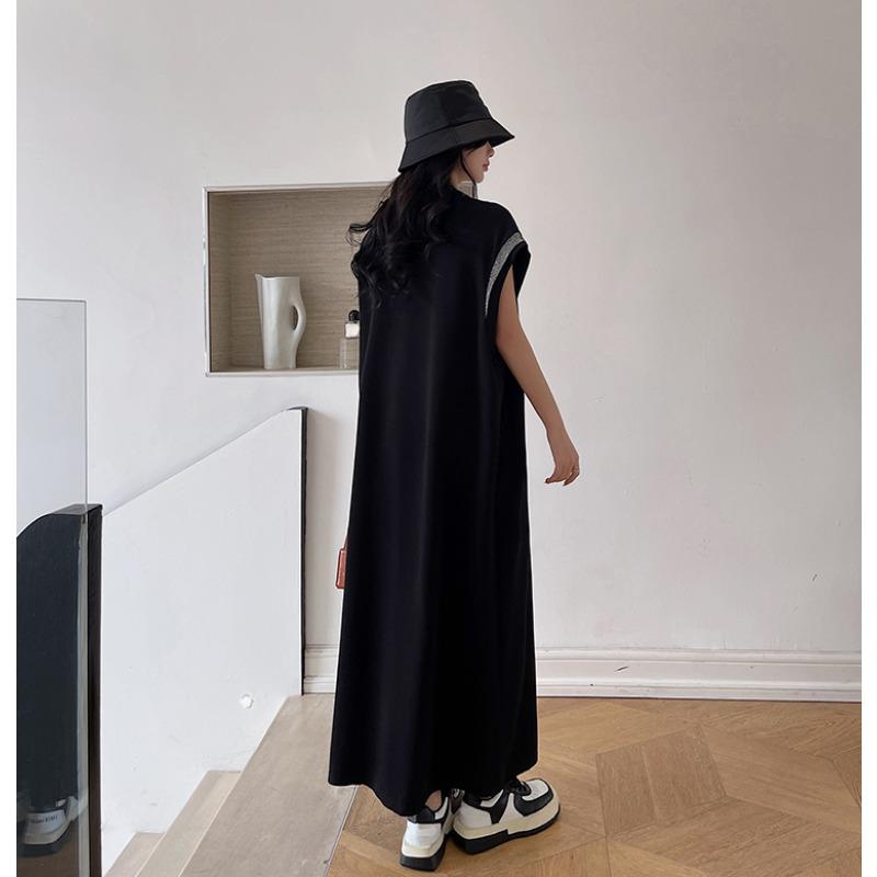 Dimanaf 2024 Plus Size Summer T-Shirt Dress Women Loose Show Thin O-Neck Vintage Cotton Casual Spliced Short Sleeve Solid Long Dress