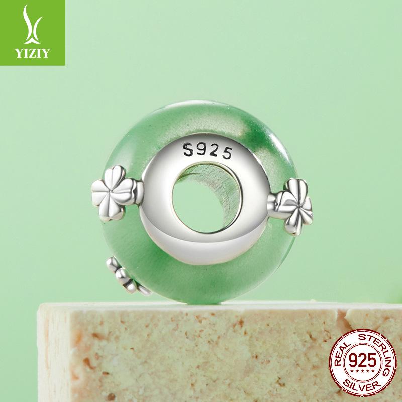 Spring Diy Bracelet Beaded Accessories 925 Silver Green Four-Leaf Clover Glazed Beads