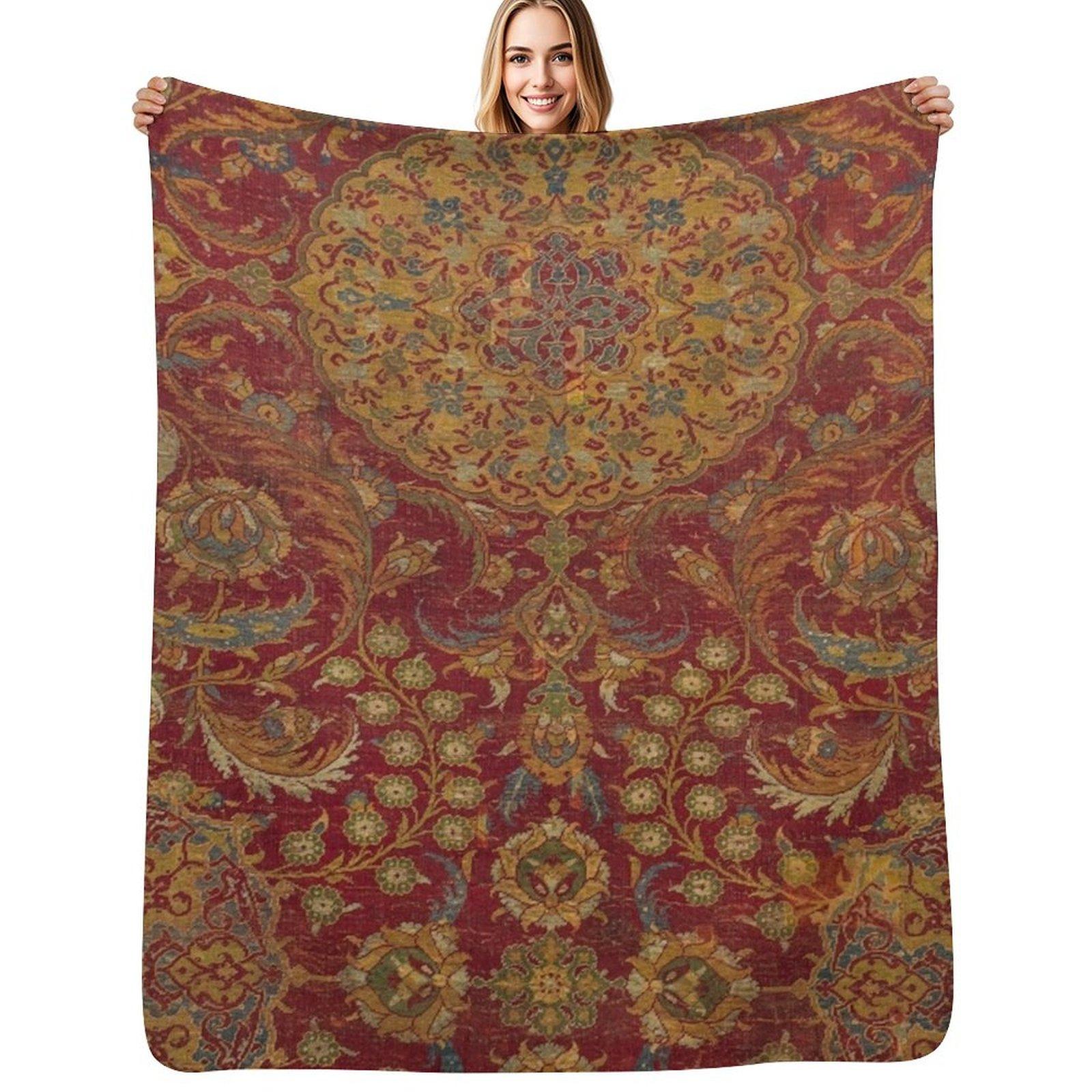 Boho Funky III // 16th Century Distressed Red Green Blue Flowery Colorful Ornate Rug Pattern Throw Blanket Size: 75*100cm, Weight: 230 GSM
