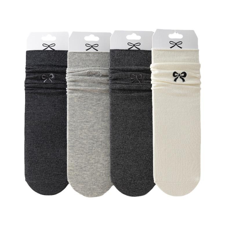 5/10 Pairs Casual Spring Autumn Embroidered Bow Mid Calf Socks Cute Long Calf Pile Socks Breathable and Sweat Absorbing Cotton Socks for Women