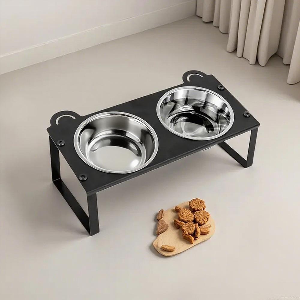 Cat Feeder Elevated Cat Bowls 2 Stainless Steel Bowls for Indoor Pet with Cute Metal Stand 15° Tilted Anti-Vomiting for Cats
