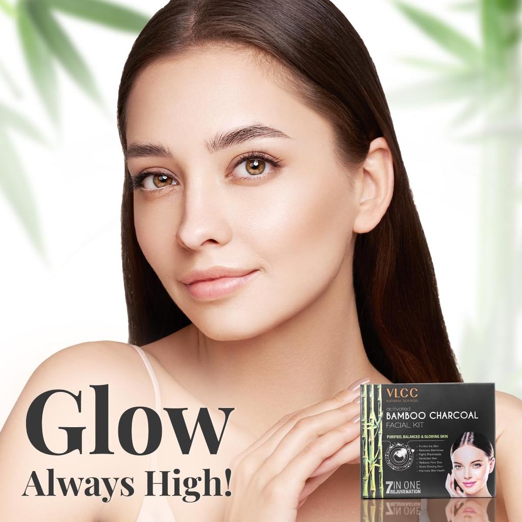 VLCC Activated Bamboo Charcoal Facial Kit 60g Pack of 1 for Purified Balanced Glowing Skin Care