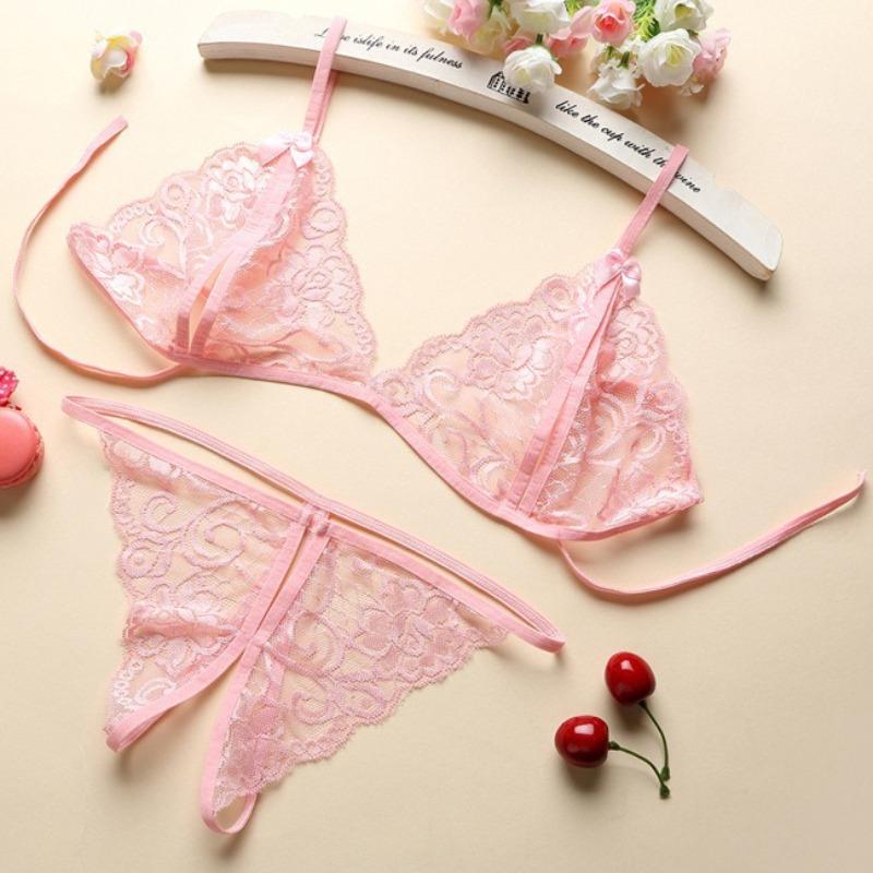 Fun Open File Free Two-piece Set Three-point Lace Underwear Underwear Women's Sexy Passion Thong