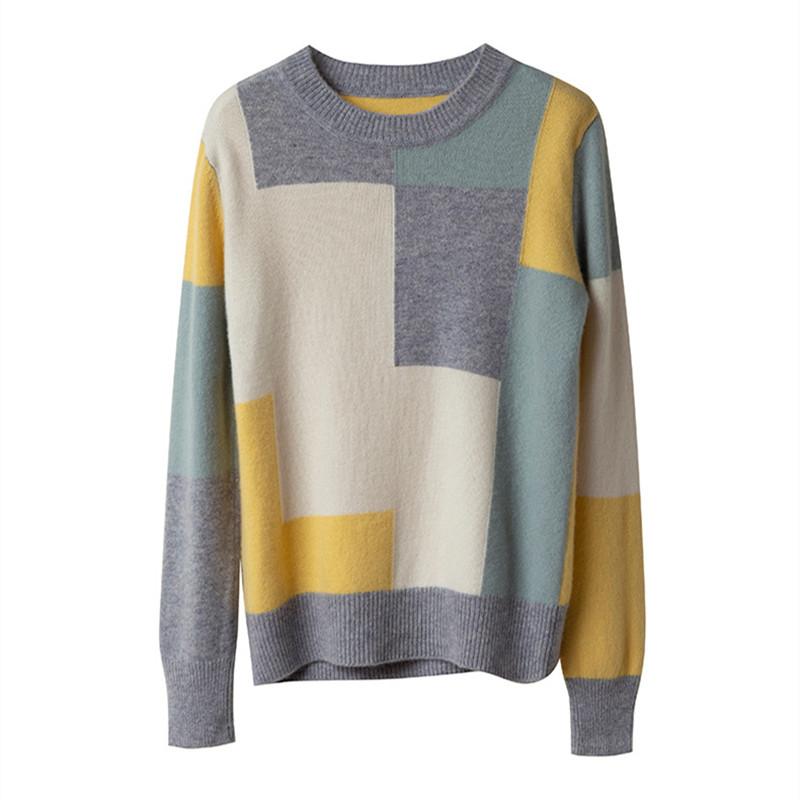 Kontrastnähte Rundhals-Pullover Frühling und Herbst Langarmbluse Mode-Pullover Damen Unterhemd