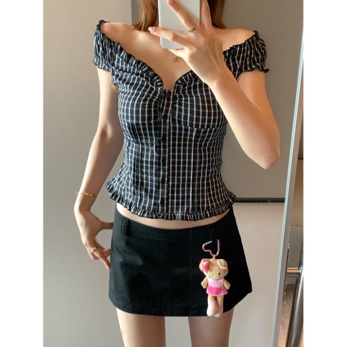 Korean retro black and white plaid shoulder shirt women s summer thin babes short top S