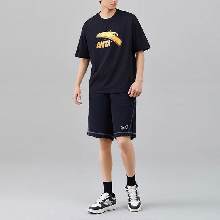 Anta Lifestyle Series Tričko s potiskem loga, kulatým výstřihem a krátkým rukávem, unisex topy, černé 972328114-6