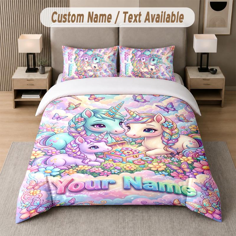 Unicorn Theme Custom Text Or Name 3Pcs Bedding Set 1 Flat Sheet & 2 Pillowcases Personalized Home Bedding