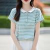 New Summer French Striped Cotton Knitted Short-sleeved T-shirt for Women Loose Niche Design POLO Small Lapel Top
