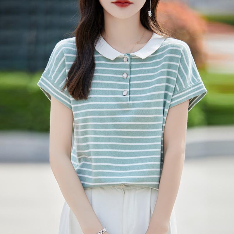 New Summer French Striped Cotton Knitted Short-sleeved T-shirt for Women Loose Niche Design POLO Small Lapel Top