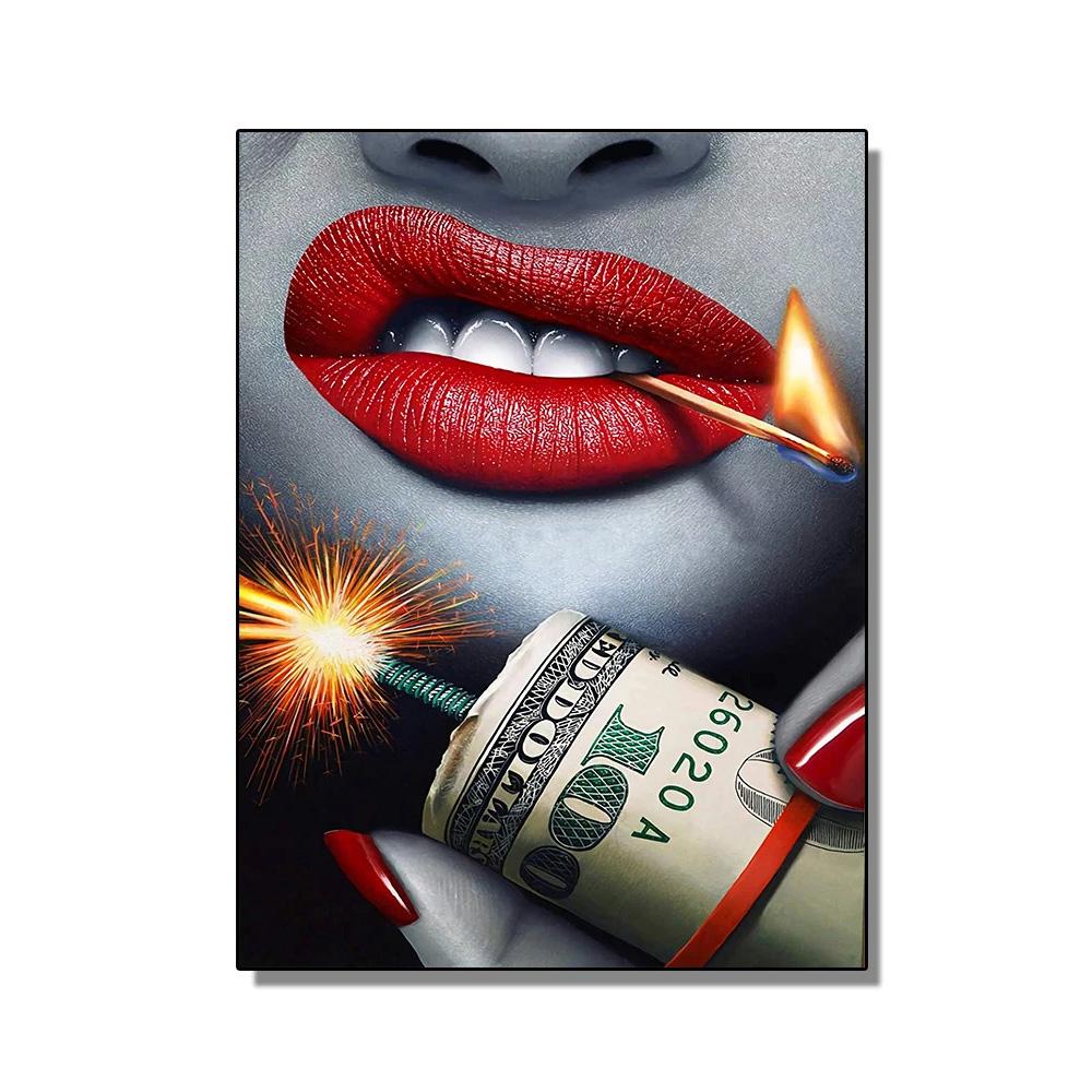 

Сексуальная женщина красные губы горящие доллары деньги постеры холст живопись роскошные часы мода настенное искусство гостиная домашний декор 20x30cm