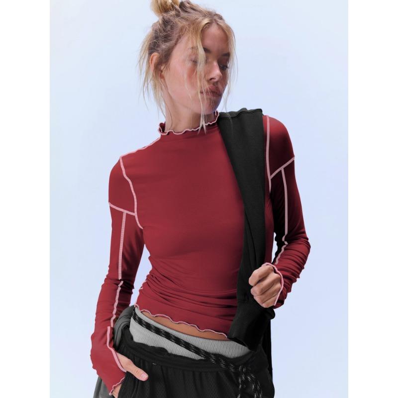 Women S Color Block Long Sleeve T Shirt Ruffled Mock Neck Slim Fit Top