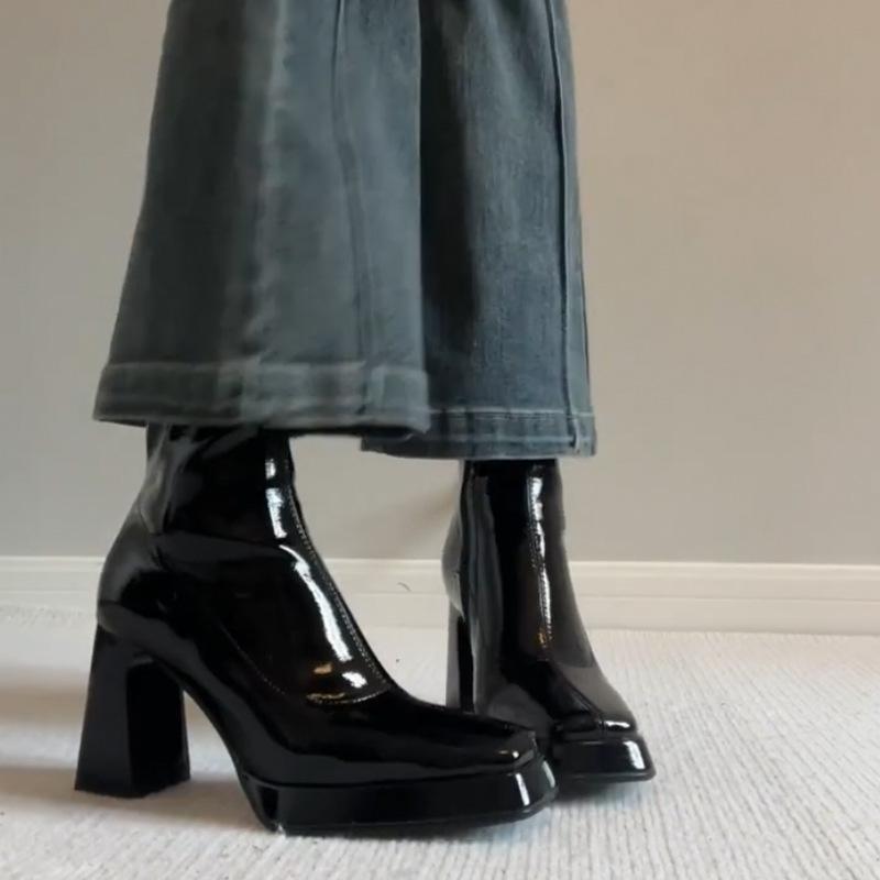 Fried Street~ New French Waterproof Platform Thick-soled Square Head High Heel Short Boots Women's Thick Heel Chelsea Boots Fleece Skinny Boots