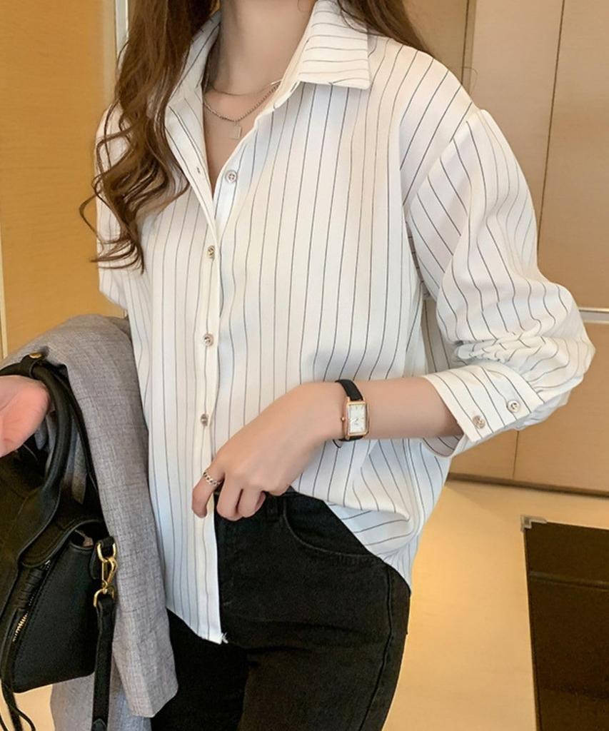 Pangenee Beautiful Striped Blouse with Office Top for and Fall 3/4 Sleeves, Soft, Slimming, Elegant, Women, Spring, Summer, (Size L, White)