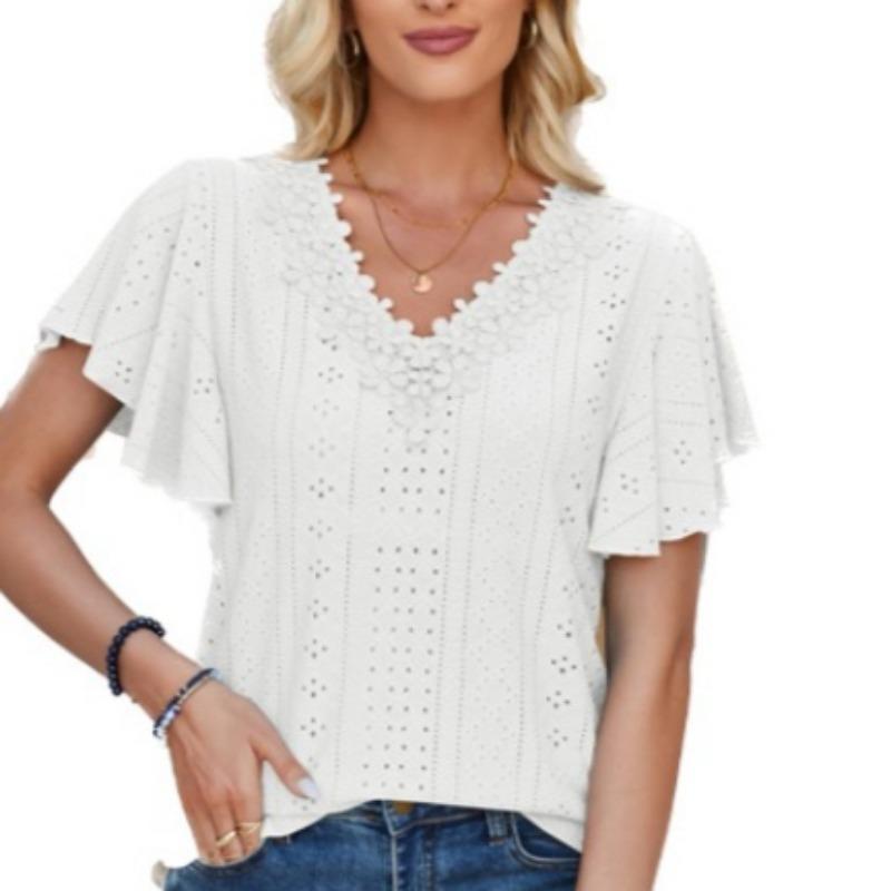 Damen Frühling Sommer Spitze V-Ausschnitt Rüschenärmel Einfarbig Lose T-Shirt