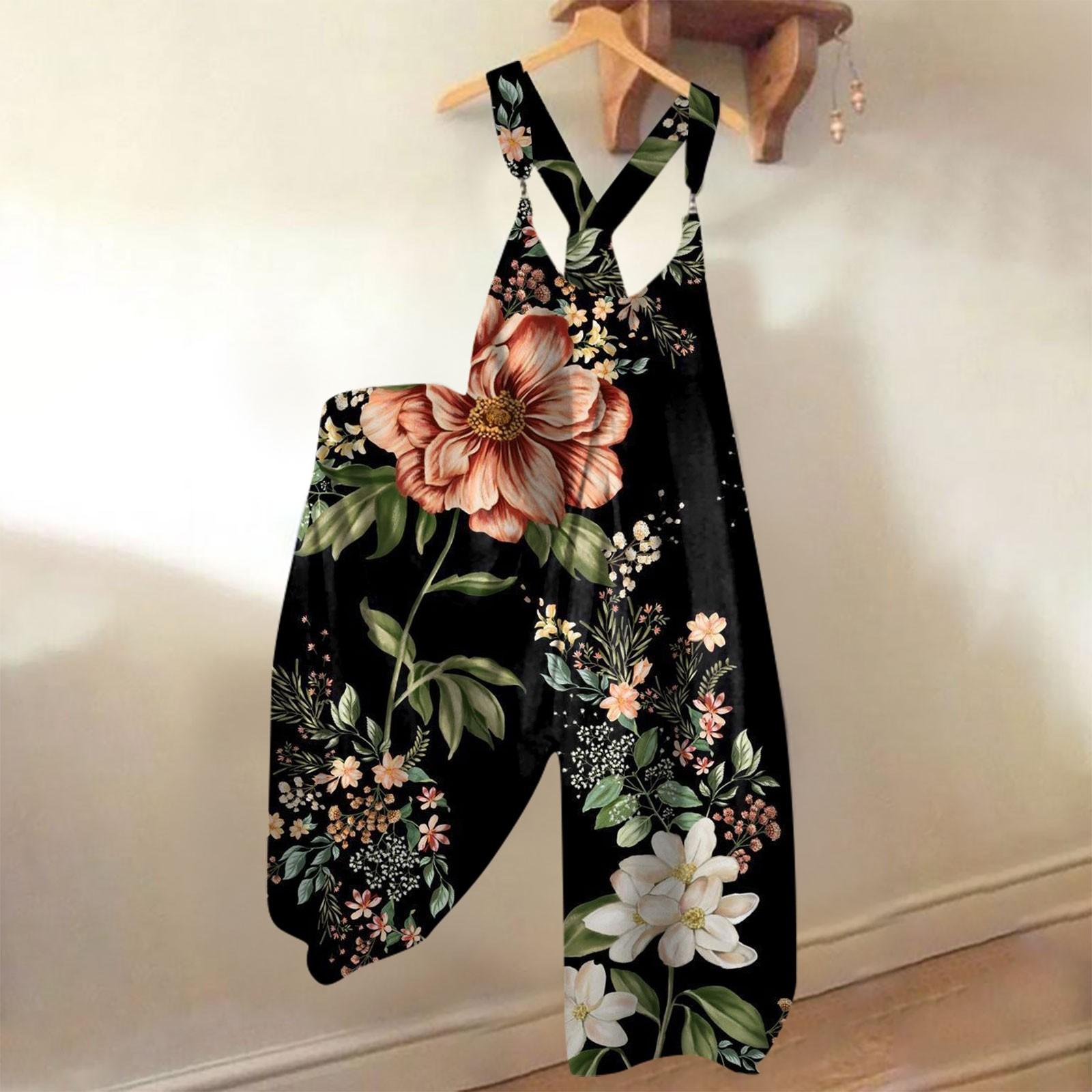 

Широкие комбинезоны для женщин, повседневные свободные комбинезоны без рукавов, ретро-принт, металлические пуговицы, длинные брюки, комбинезон с карманами L чёрный