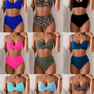 New Multi-color Printed Split Solid Color Gathering High-waisted Bikini Swimsuit