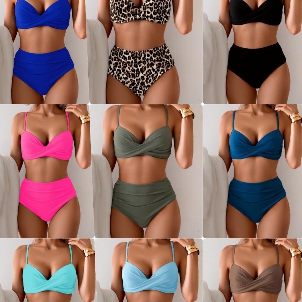 New Multi-color Printed Split Solid Color Gathering High-waisted Bikini Swimsuit