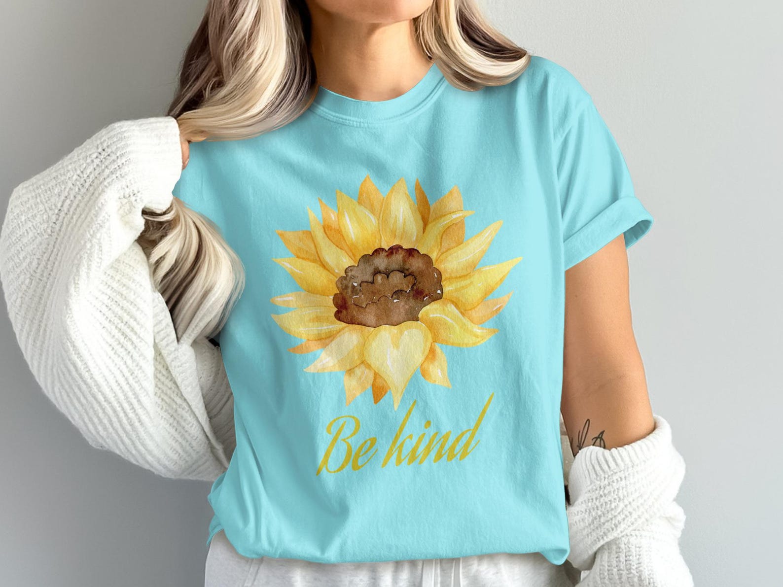 Be Kind Sunflower Watercolor T-Shirt, Boho Positive Vibe Flower Tee 3XL