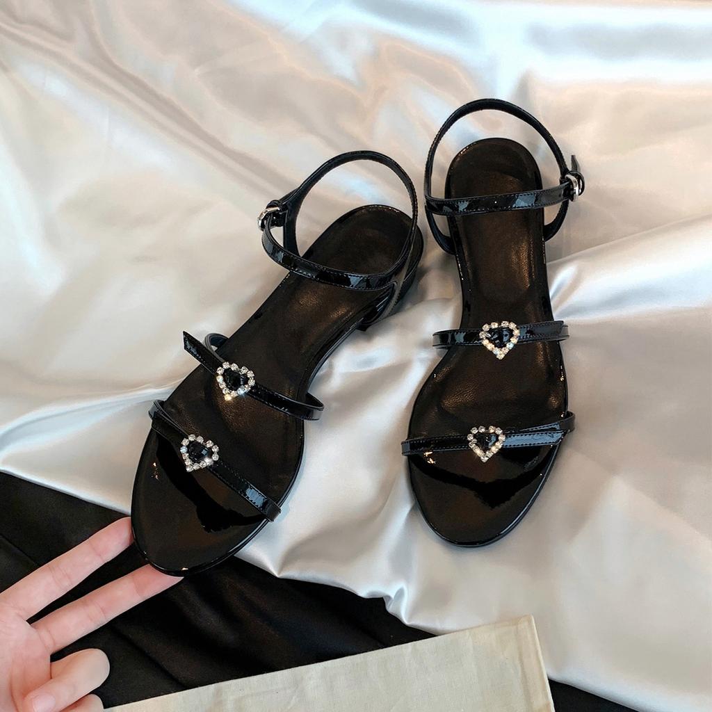 Sheepskin Version~ French Rhinestone Love Buckle Flat-soled Sandals for Women's Summer Versatile Round Head with Thick Heels and Cool Slippers