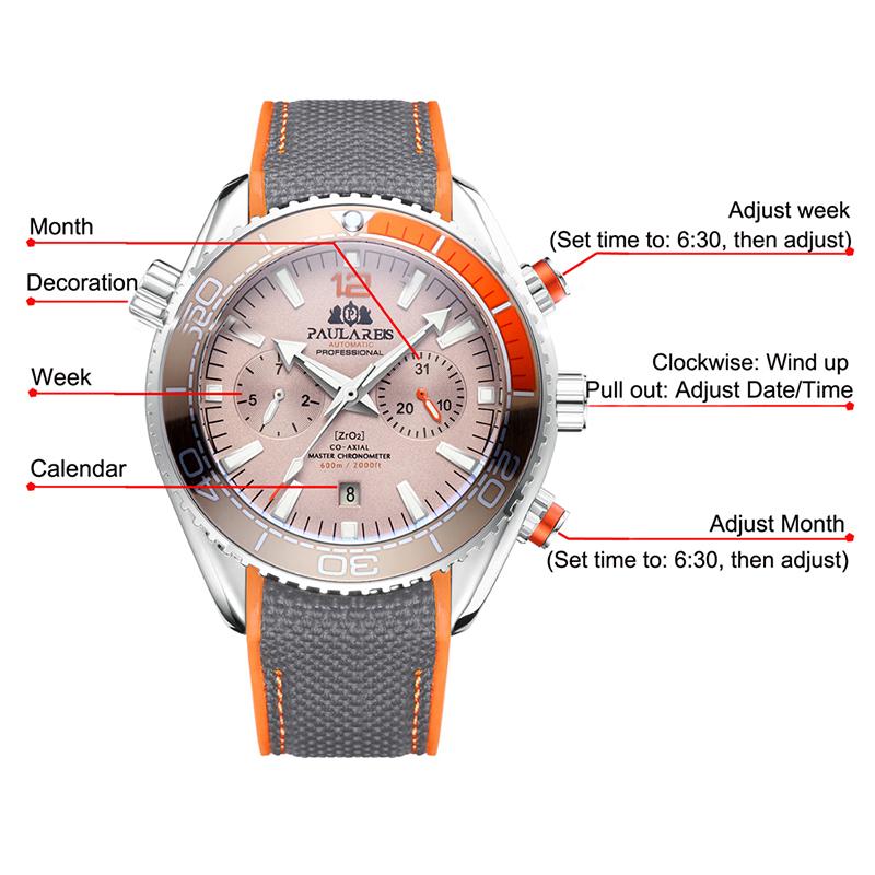 PAULAREIS Masculino Automático Auto Vento Mecânico Pulseira de Borracha de Lona Laranja Azul Vermelho Multifuncional Data Mês Relógio