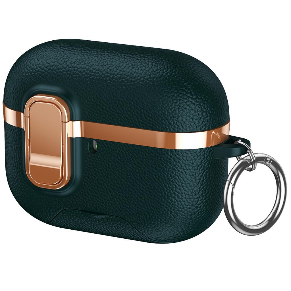 For AirPods Pro 3 Case Foldable Stand Electroplated Litchi Texture TPU PC Earbuds Cover with Switch / Carabiner