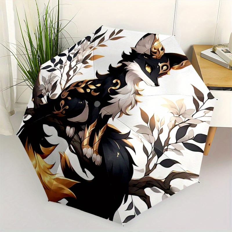 

1pc Black Cool Fox Pattern Automatic 3-Fold Umbrella, 8 Iron Frames, High-Value Folding Umbrella, Suitable for Office, Travel and Outdoor Adventu