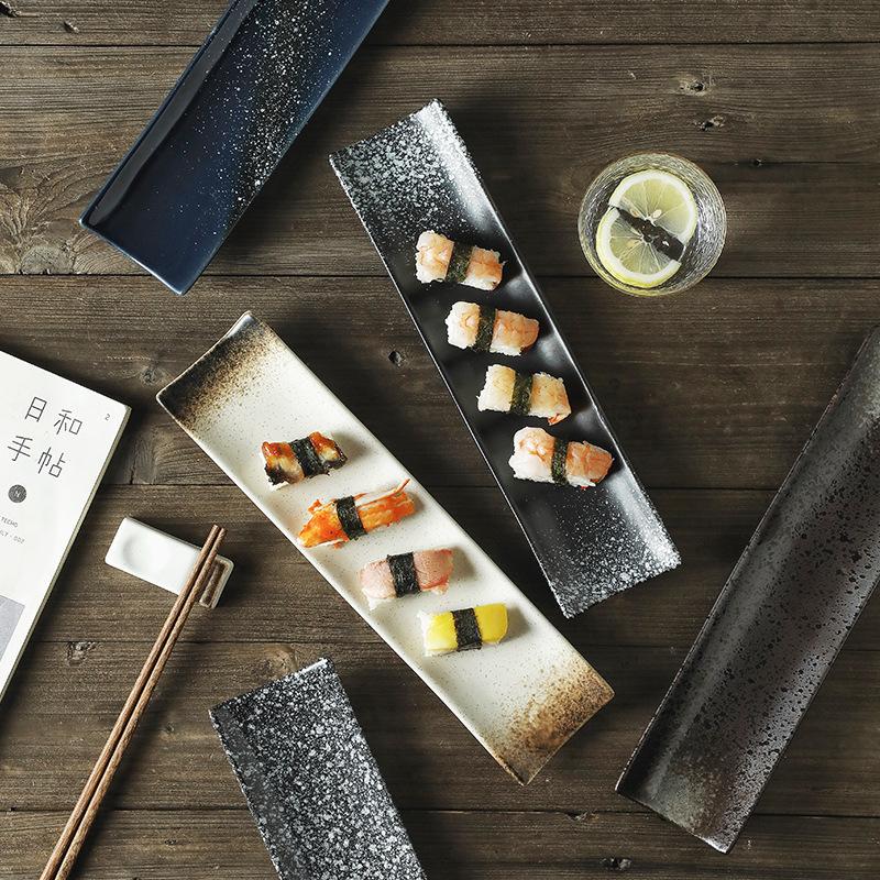 13 Inch Red Long Rectangular Sushi Plate Japanese Ceramic Sashimi Dish Dessert Plate Western Dinner Serving Platter For Kitchen