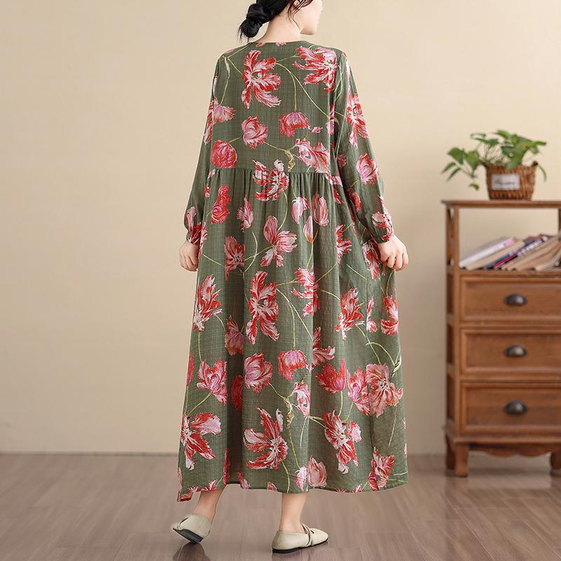 DIMANAF New 2026 Women Vintage Plus Size Spring Summer Long Dress Loose Oversize Long Sleeve Maxi Floral Print