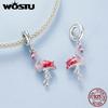 WOSTU Solid 925 Sterling Silver Flamingo Pendant Red Bird Charm Fit DIY Bracelet Necklace Summer Beach Jewelry Series